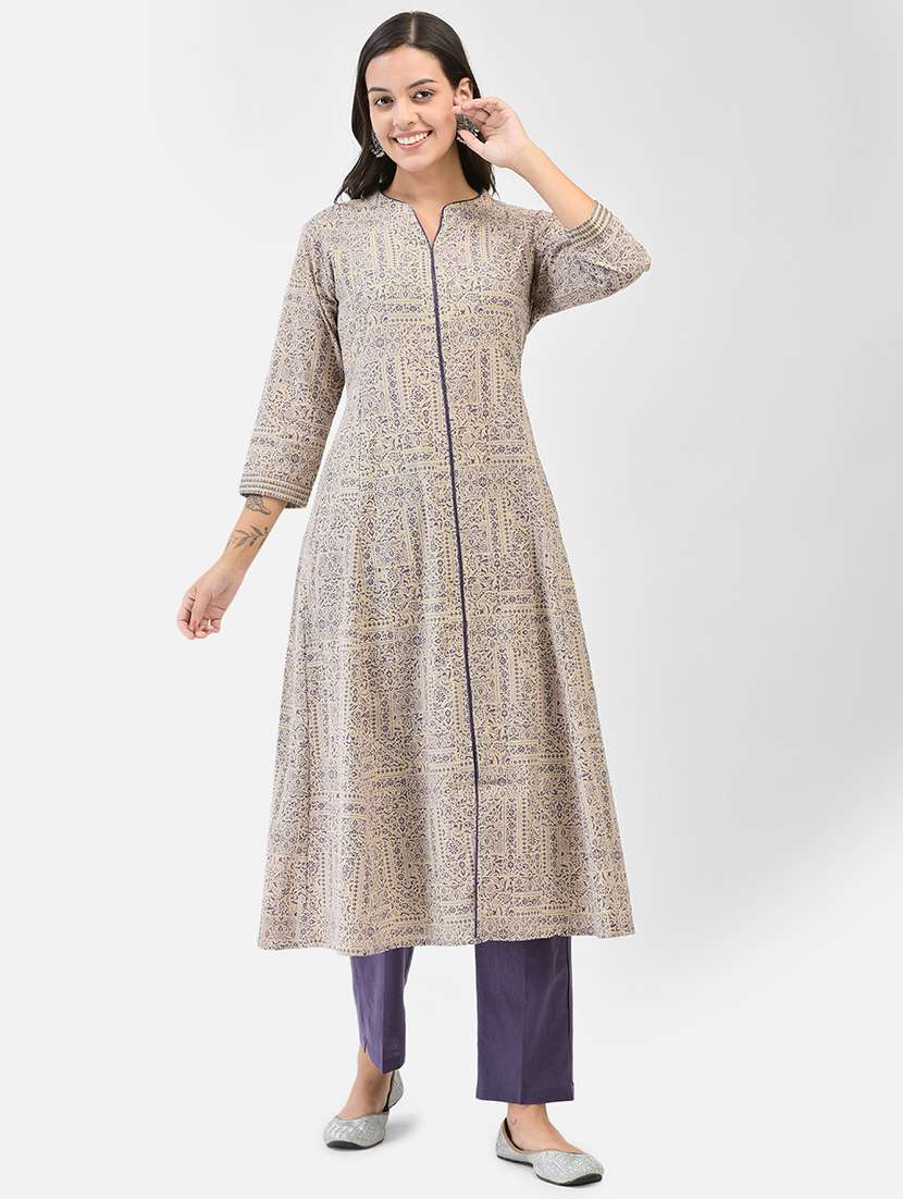 women printed three quarter sleeve a-line kurta