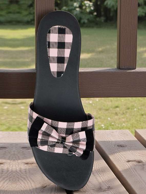women checkered slip on flat sandals