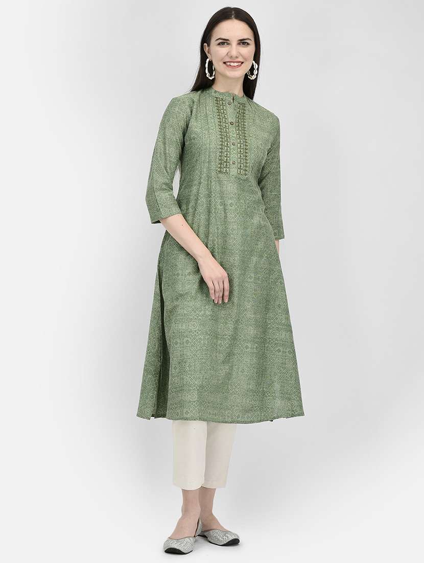 women printed three quarter sleeve a-line kurta