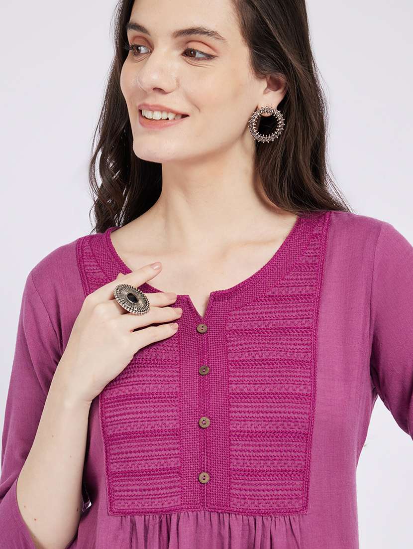 women solid with work three quarter sleeve a-line kurta - 22295090 -  Standard Image - 3