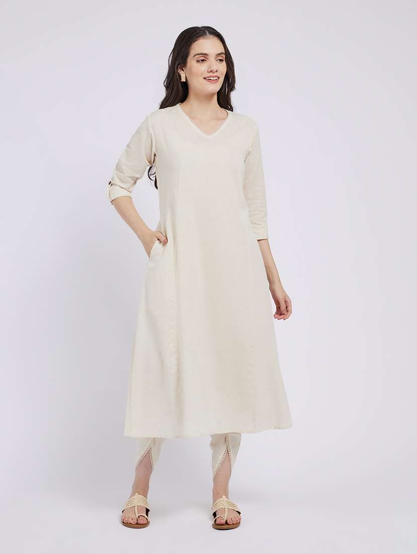 women solid three quarter sleeve a-line kurta