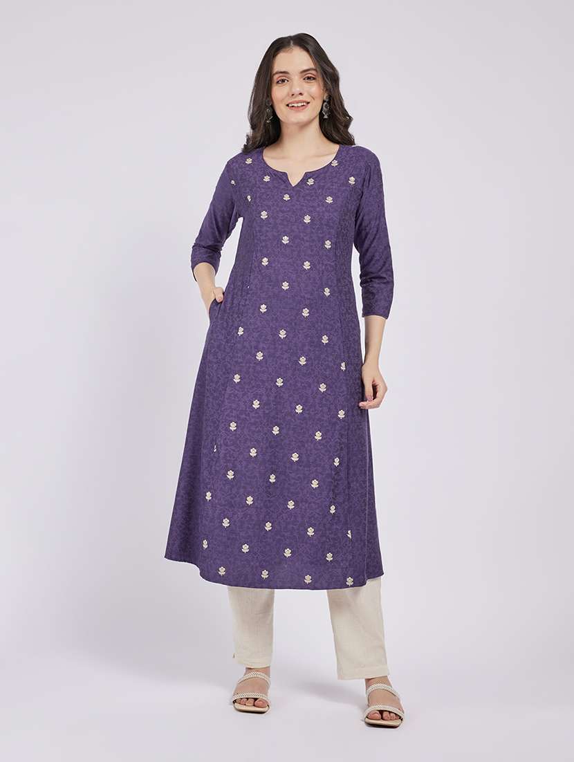 women printed three quarter sleeve a-line kurta