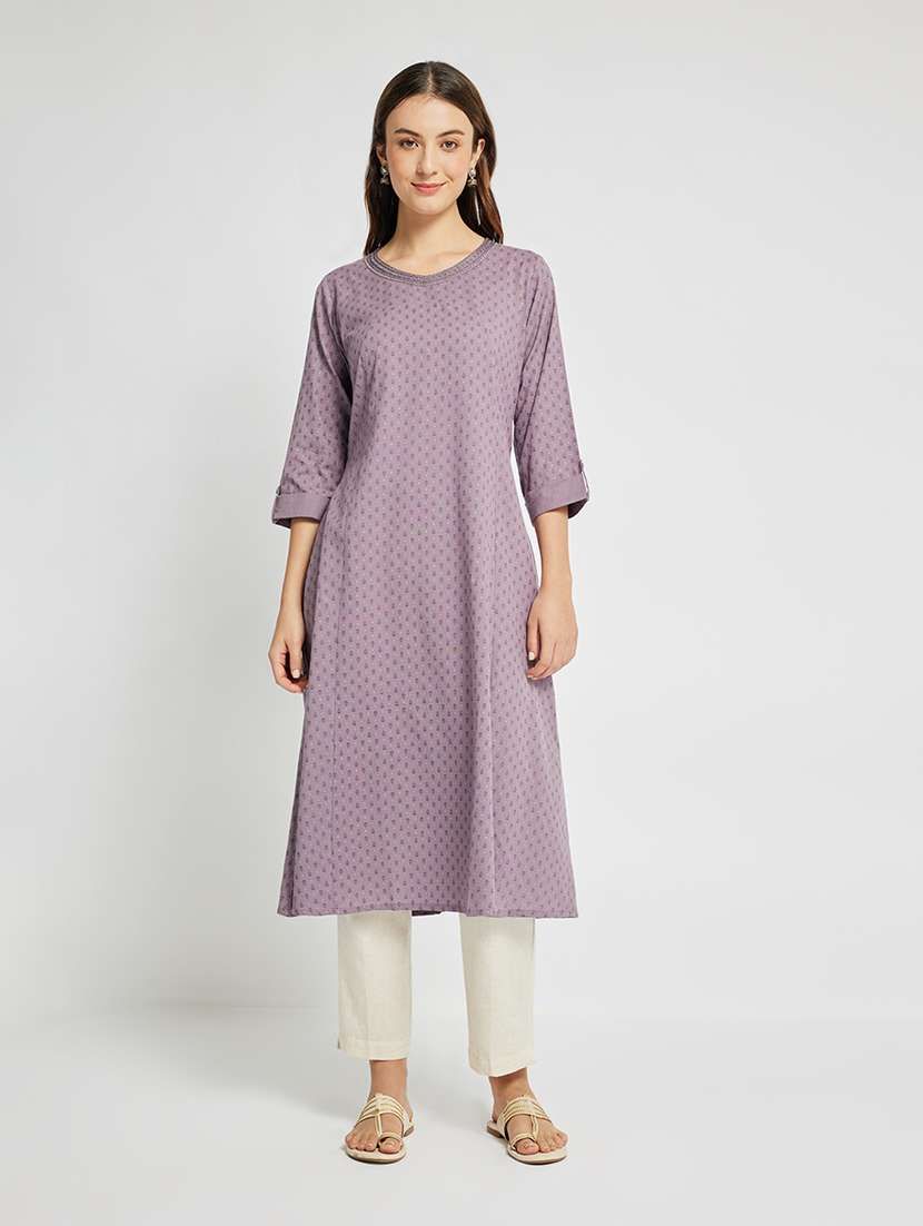 women printed three quarter sleeve a-line kurta