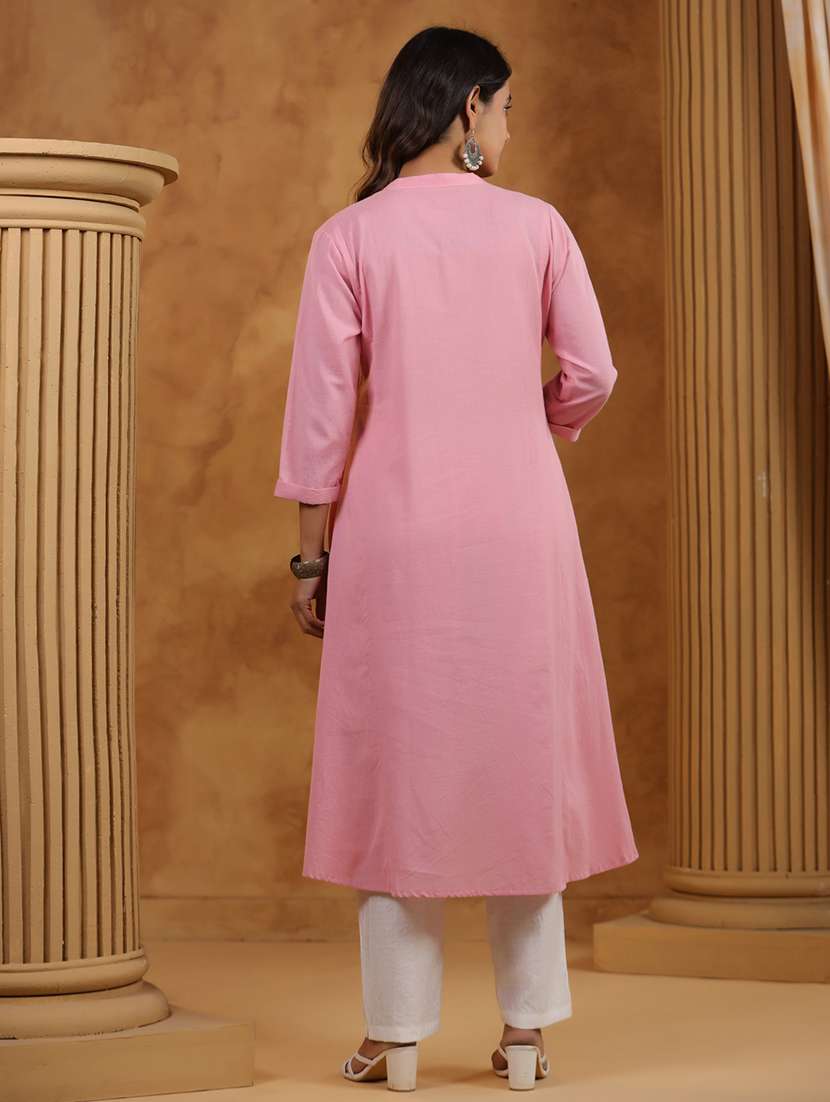 women solid three quarter sleeve a-line kurta - 22295110 -  Standard Image - 3