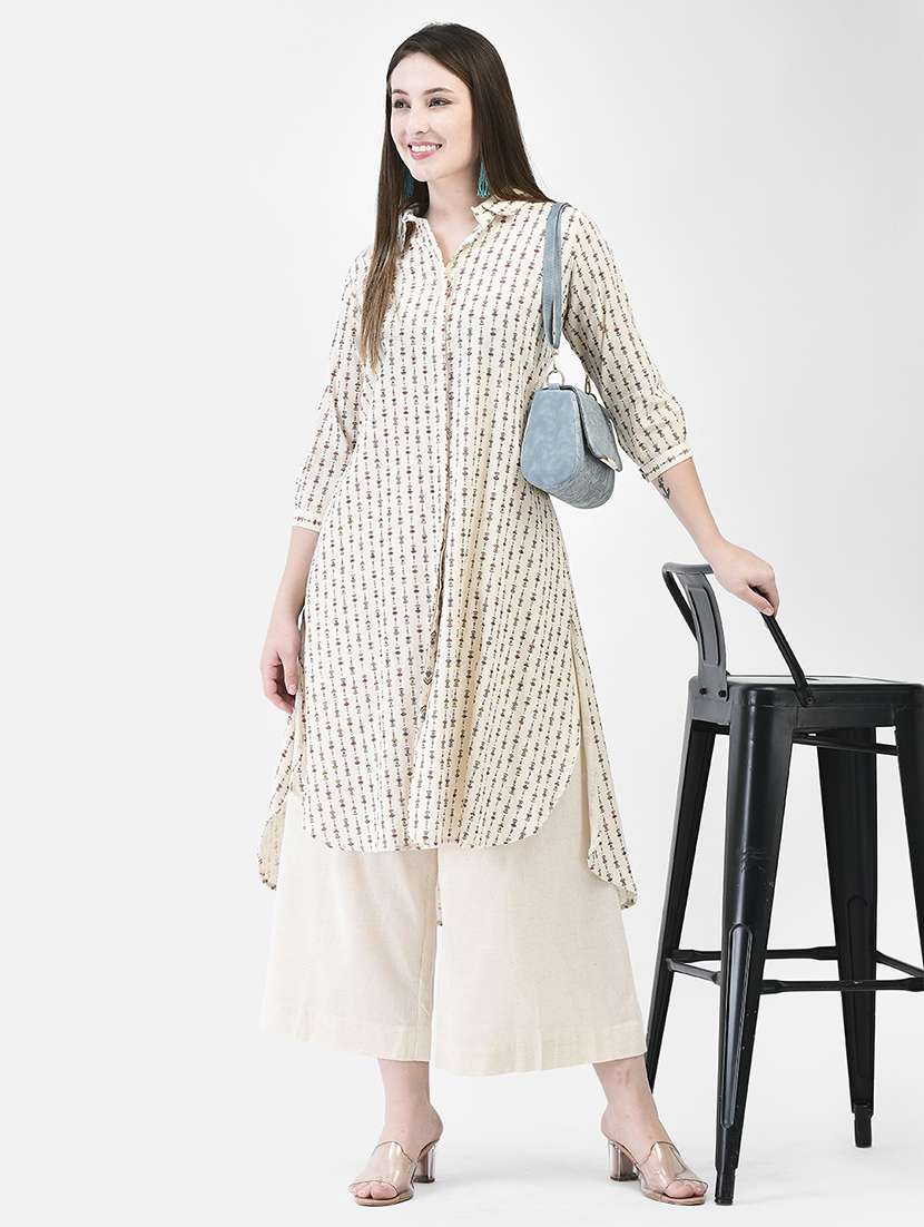 women printed three quarter sleeve high-low kurta