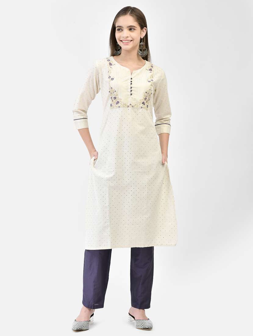 women solid with work three quarter sleeve straight kurta