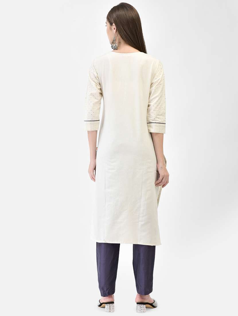 women solid with work three quarter sleeve straight kurta - 22295123 -  Standard Image - 3