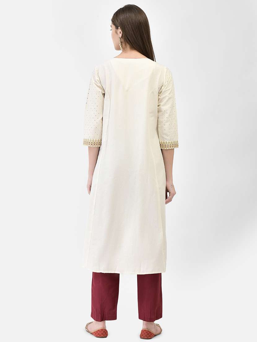 women solid with work three quarter sleeve a-line kurta - 22295125 -  Standard Image - 3