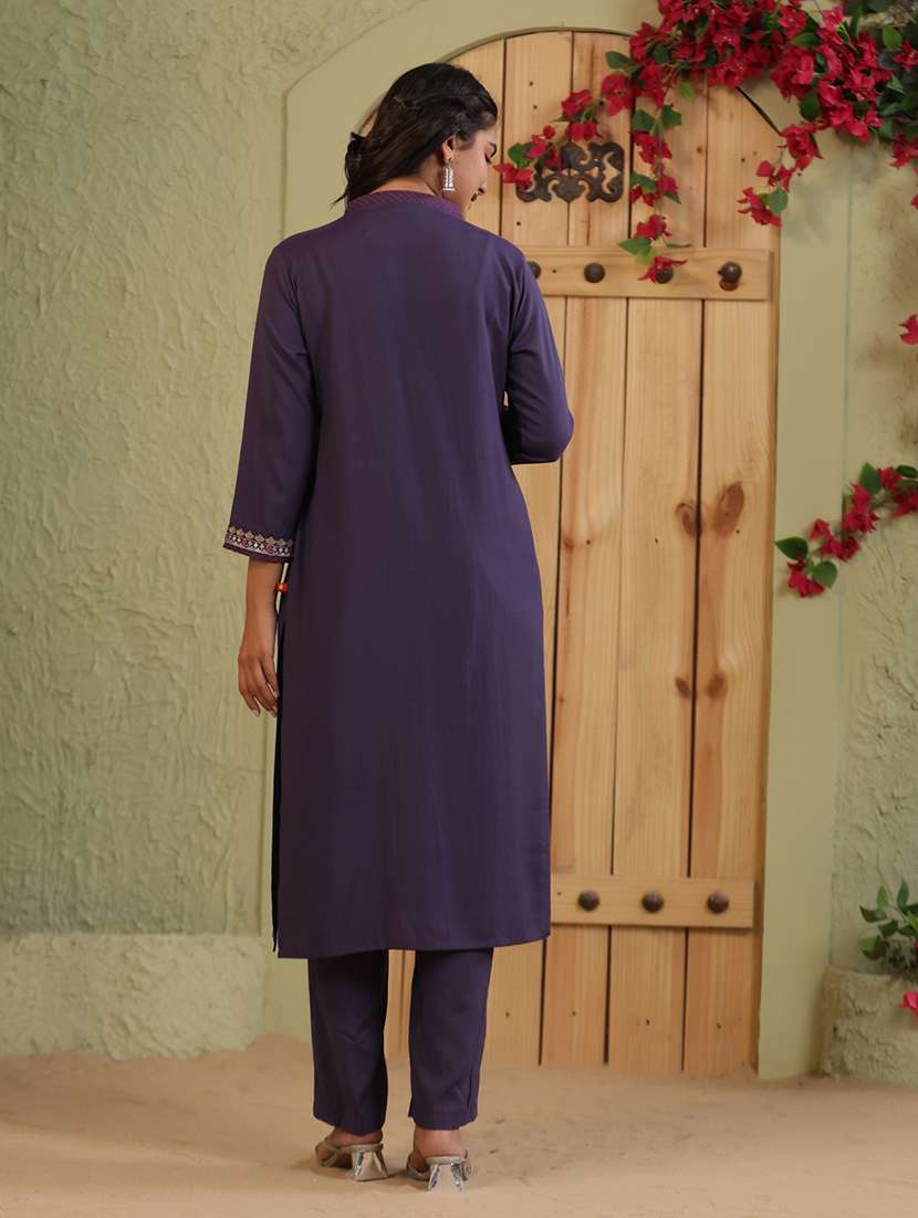 women solid with work three quarter sleeve a-line kurta - 22295162 -  Standard Image - 3