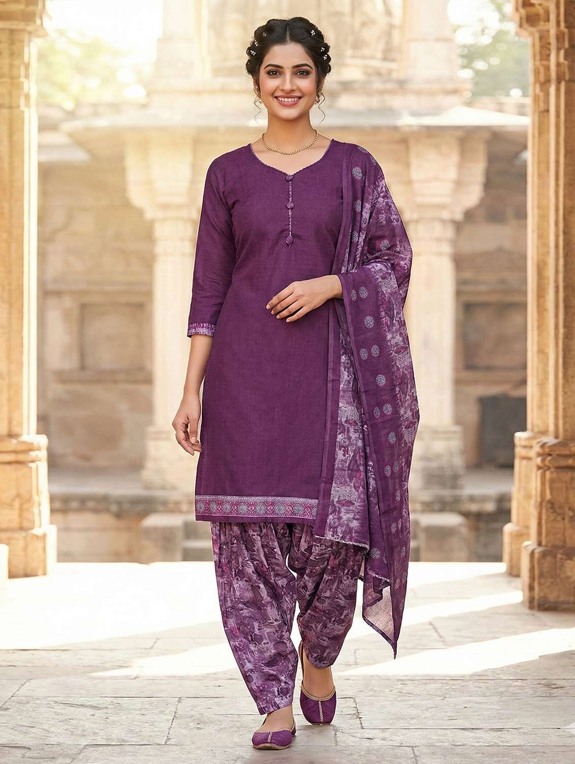 women solid three quarter sleeve kurta salwar with dupatta set