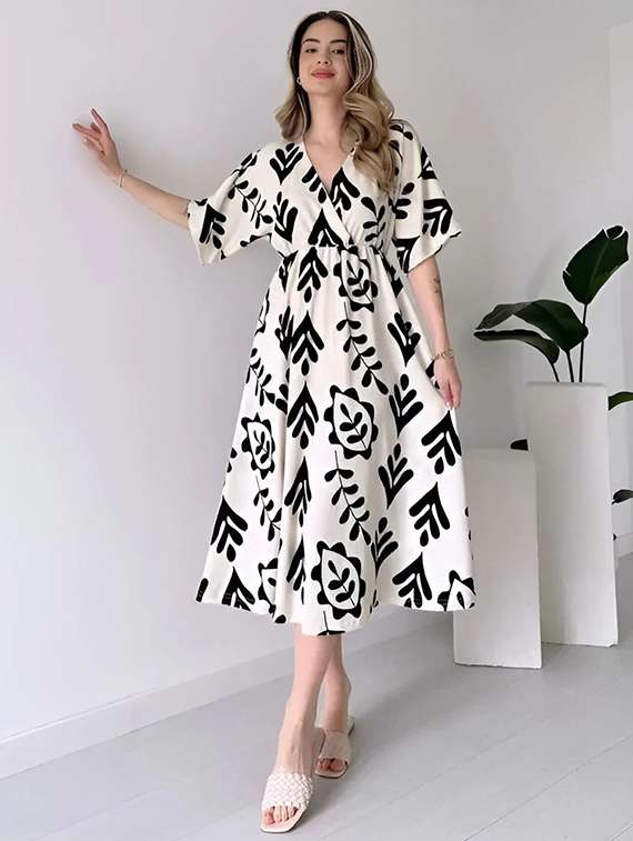 women printed overlap neck short sleeve fit & flare dress