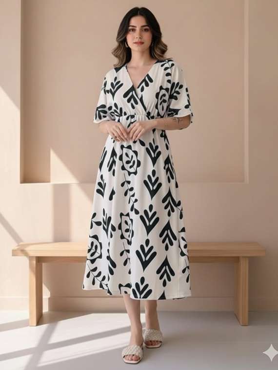 women printed overlap neck short sleeve fit & flare dress