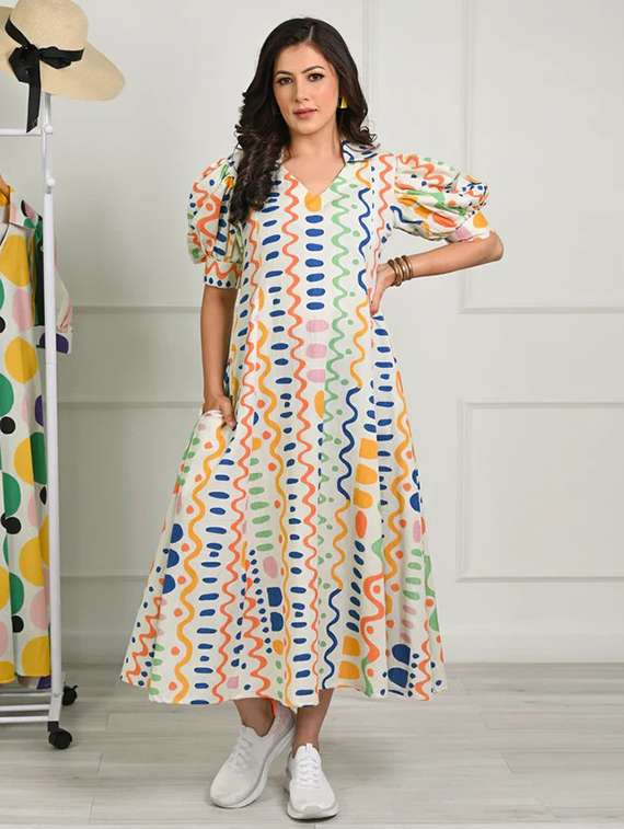 women printed puff sleeve a-line dress