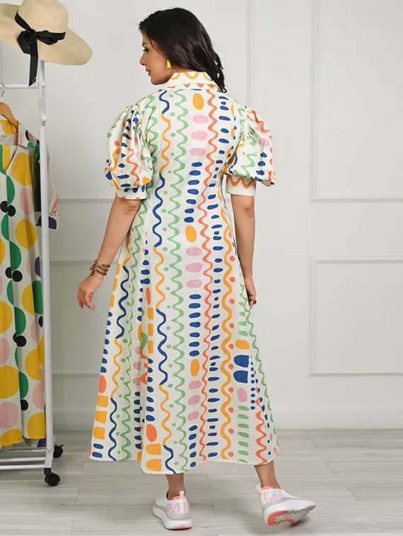 women printed puff sleeve a-line dress - 22295190 -  Standard Image - 3