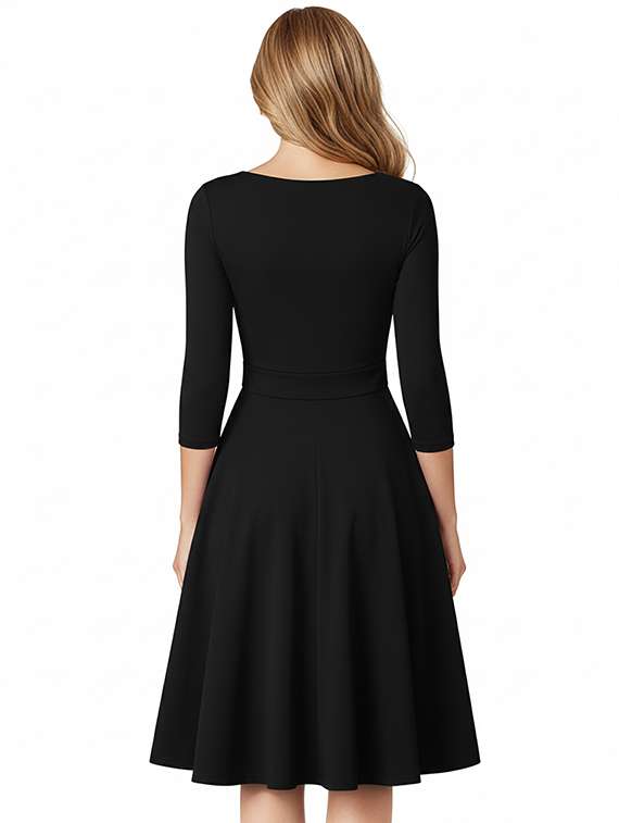 women solid three quarter sleeve fit & flare dress - 22295194 -  Standard Image - 3