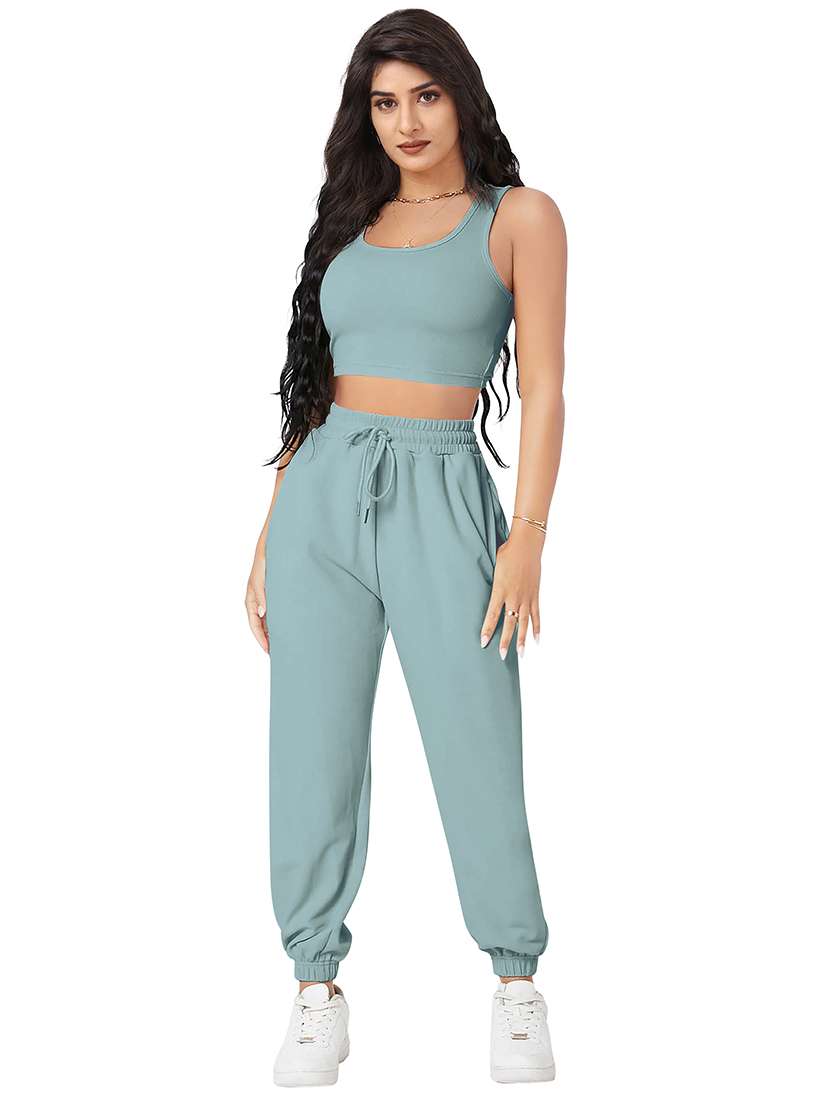 women solid crop t-shirt and jogger co-ord set