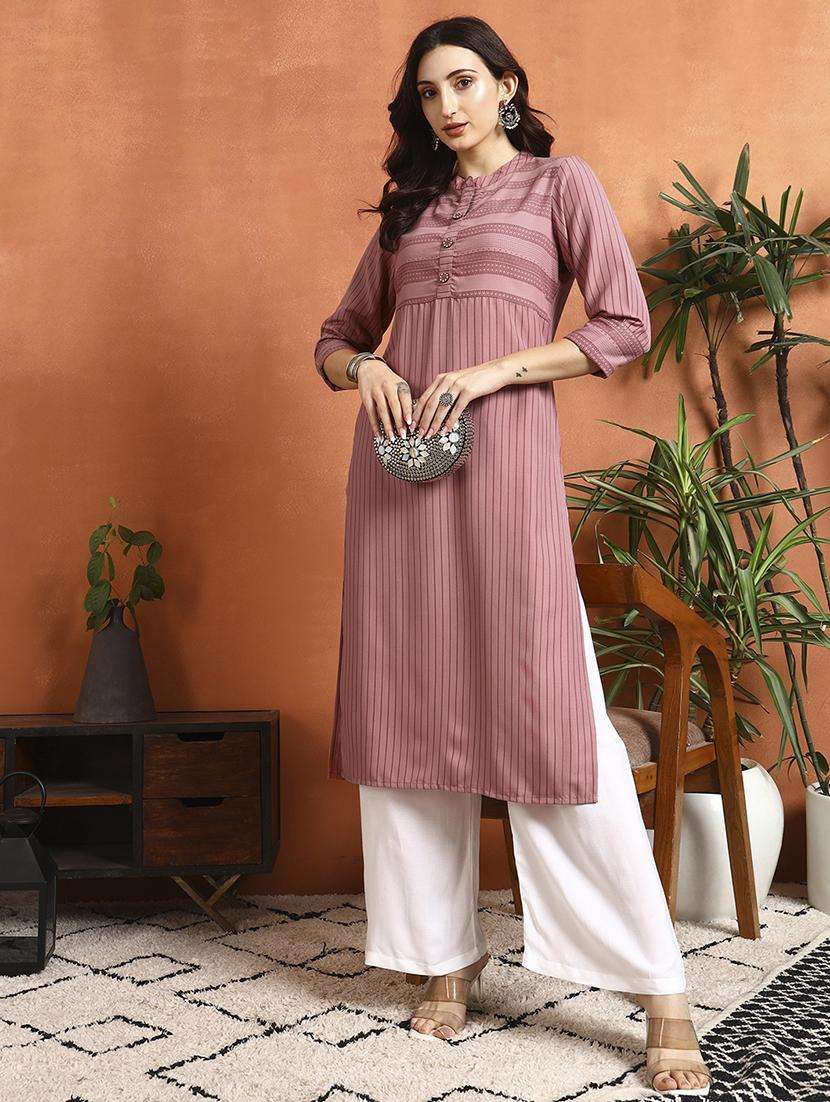 women striped three quarter sleeve kurta palazzo set