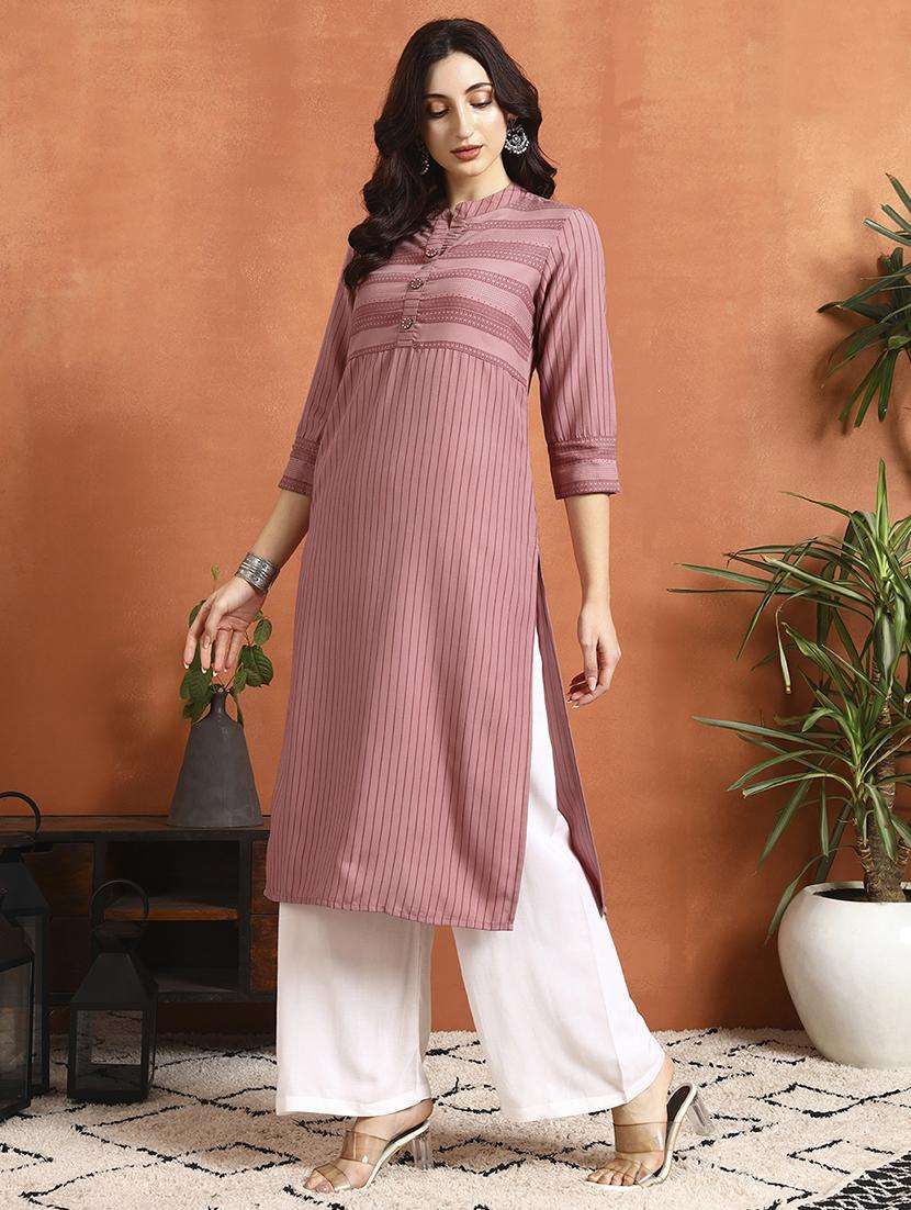 women striped three quarter sleeve kurta palazzo set - 22295641 -  Standard Image - 3