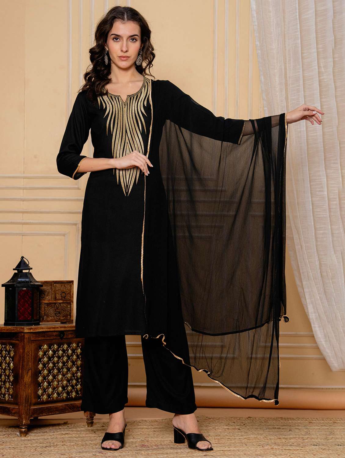 women solid with work three quarter sleeve kurta palazzo with dupatta set