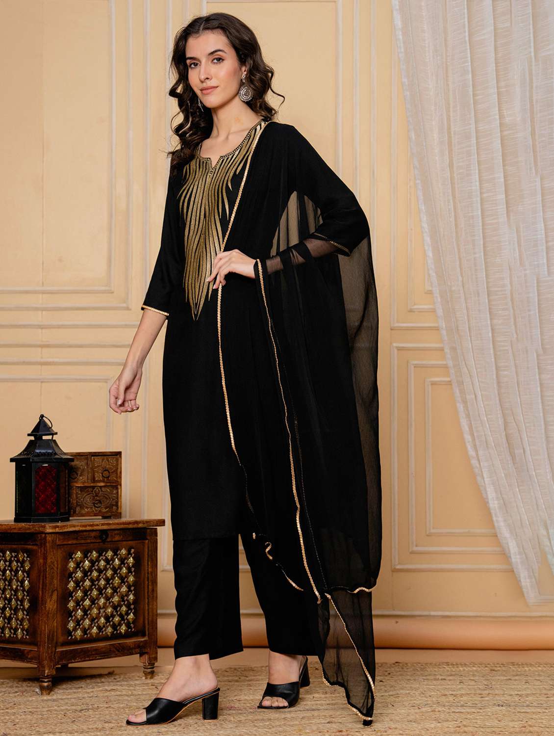 women solid with work three quarter sleeve kurta palazzo with dupatta set - 22295831 -  Standard Image - 3