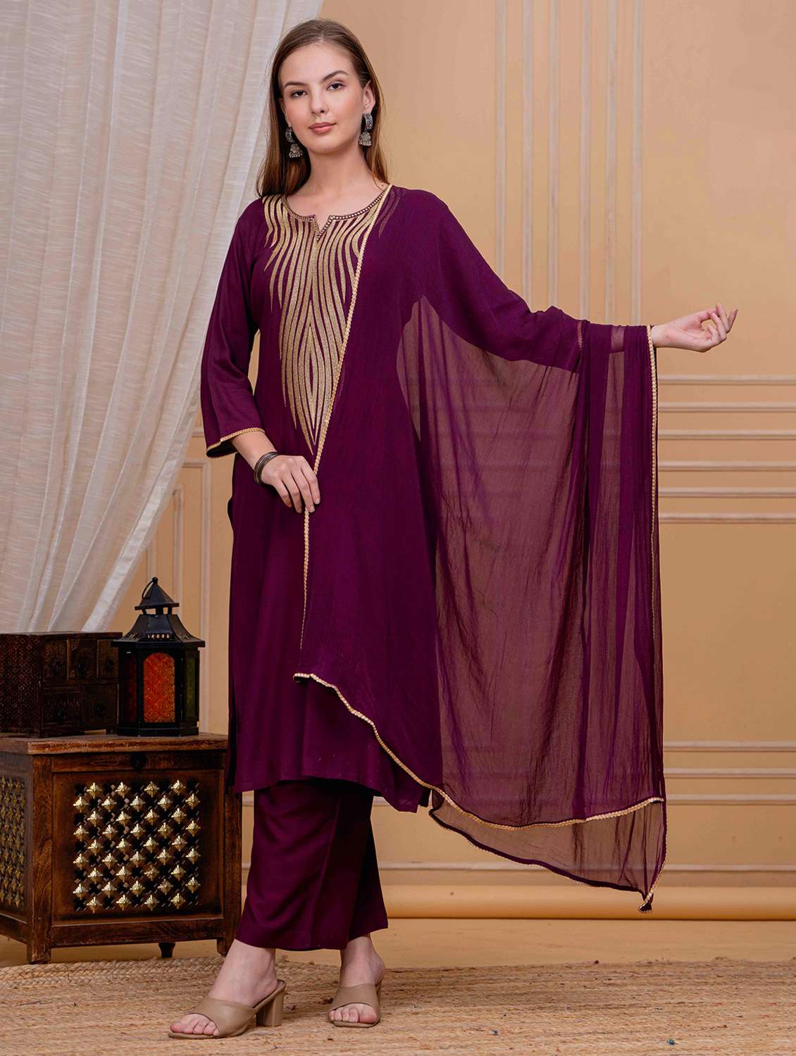 women solid with work three quarter sleeve kurta palazzo with dupatta set