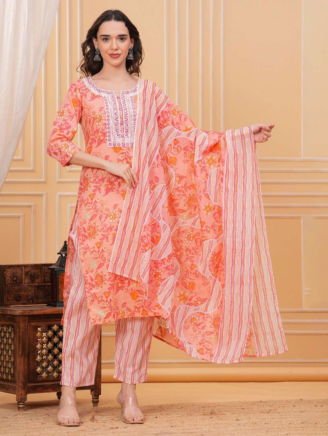 women floral three quarter sleeve kurta pant with dupatta set
