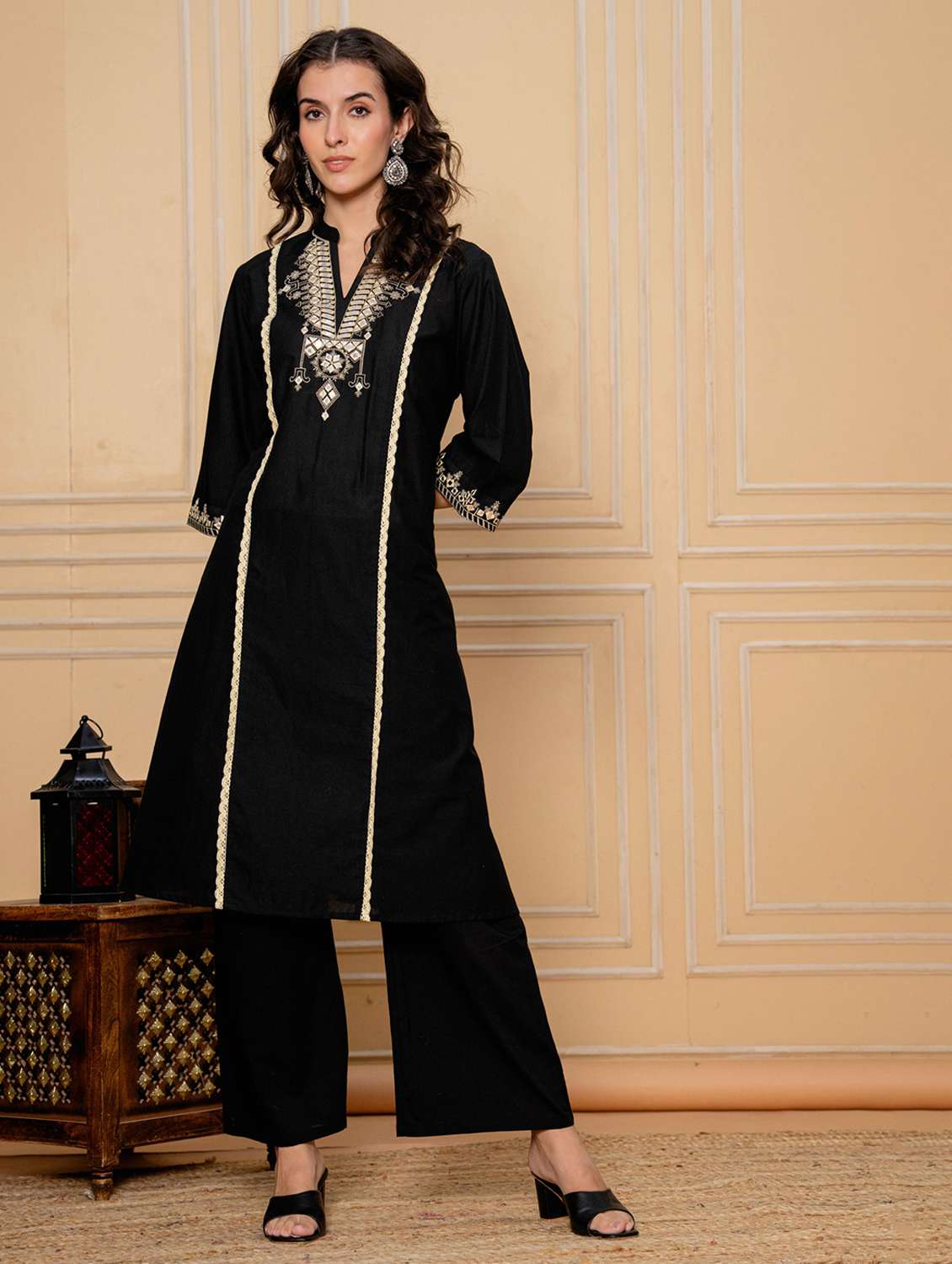 Women Solid With Work Three Quarter Sleeve Kurta Pant Set - 22295838 -  Standard Image - 3