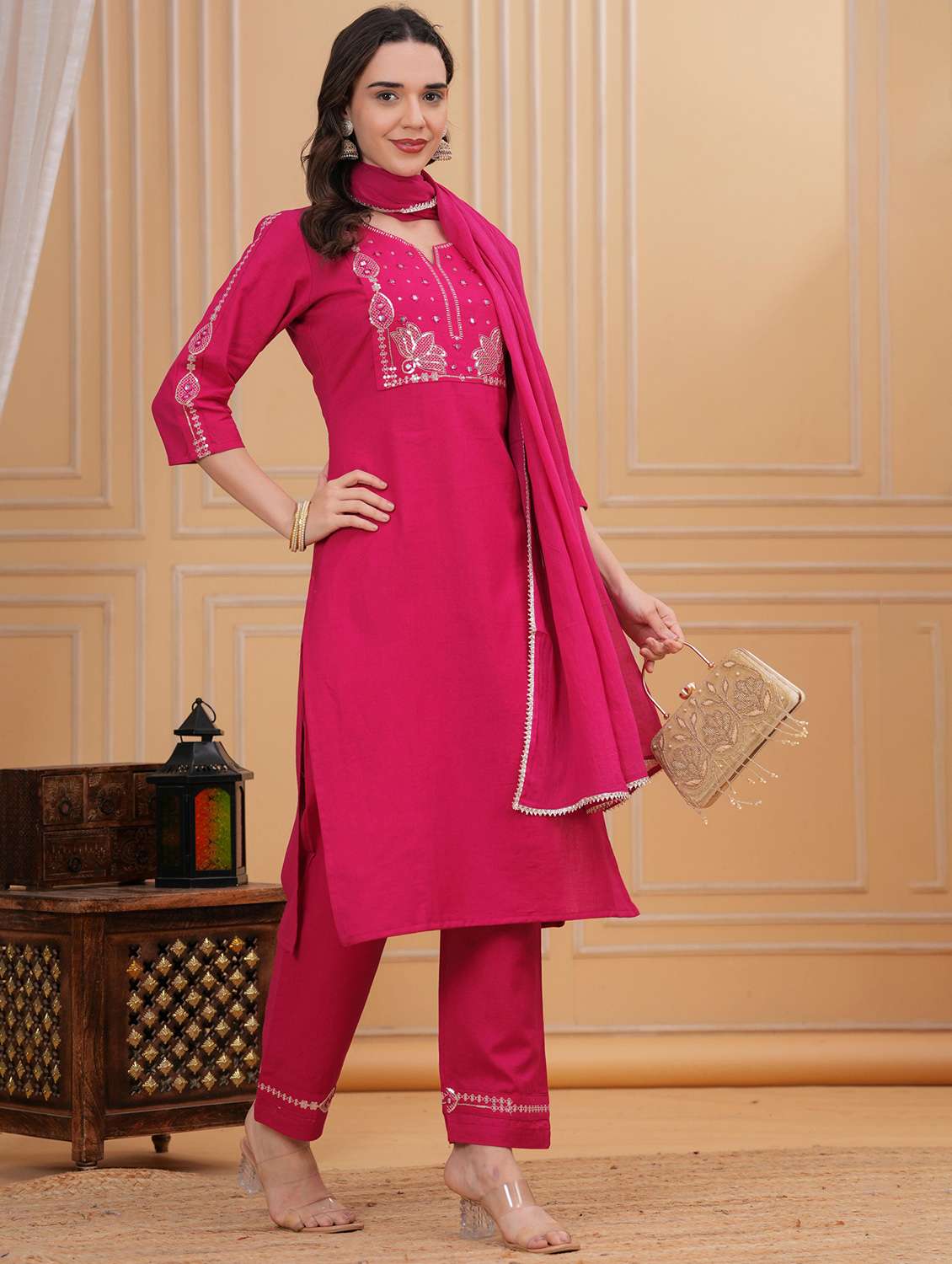 women solid with work three quarter sleeve kurta pant with dupatta set