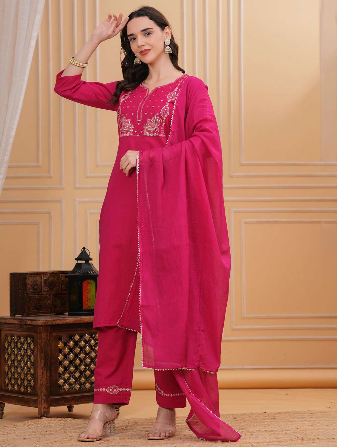 women solid with work three quarter sleeve kurta pant with dupatta set - 22295863 -  Standard Image - 3