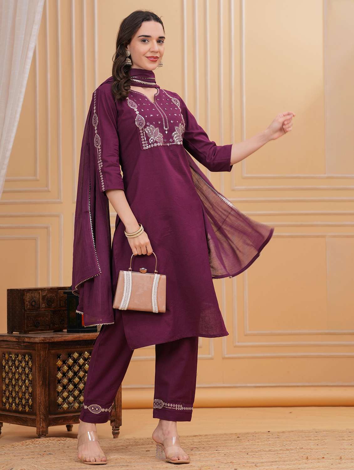 women solid with work three quarter sleeve kurta pant with dupatta set
