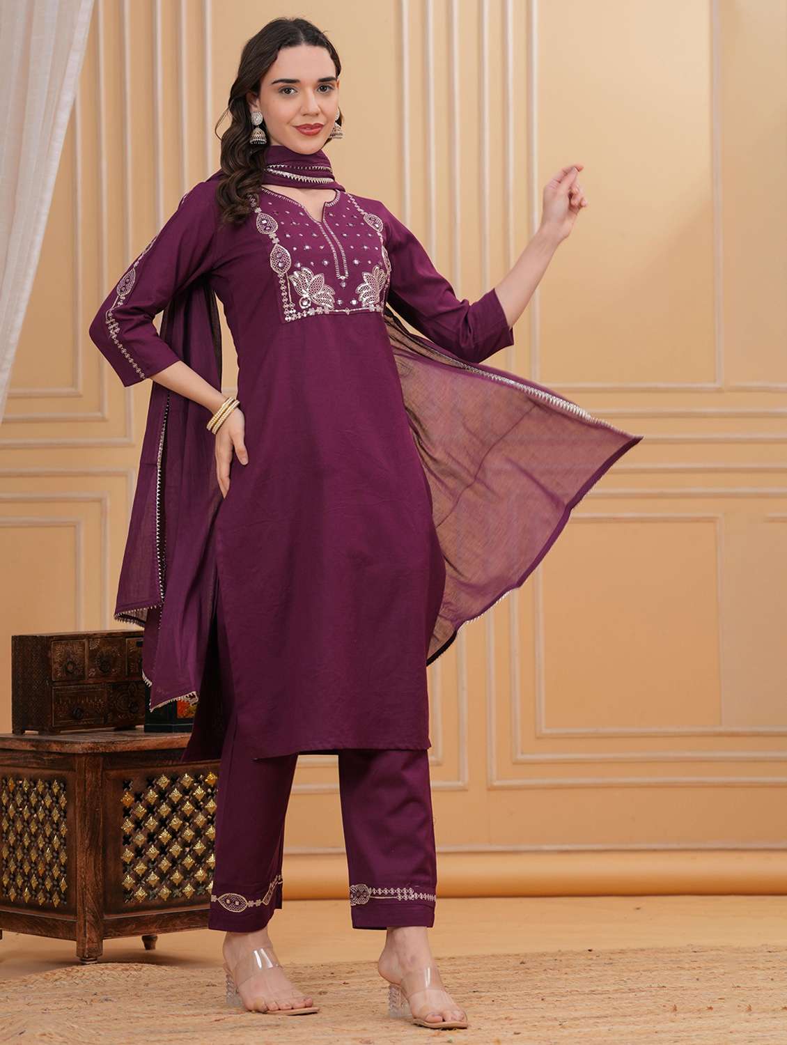 women solid with work three quarter sleeve kurta pant with dupatta set - 22295864 -  Standard Image - 3