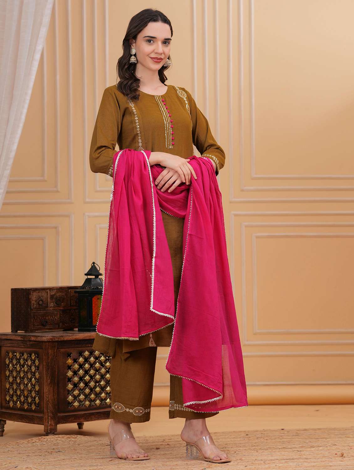 women solid with work three quarter sleeve kurta pant with dupatta set - 22295865 -  Standard Image - 3