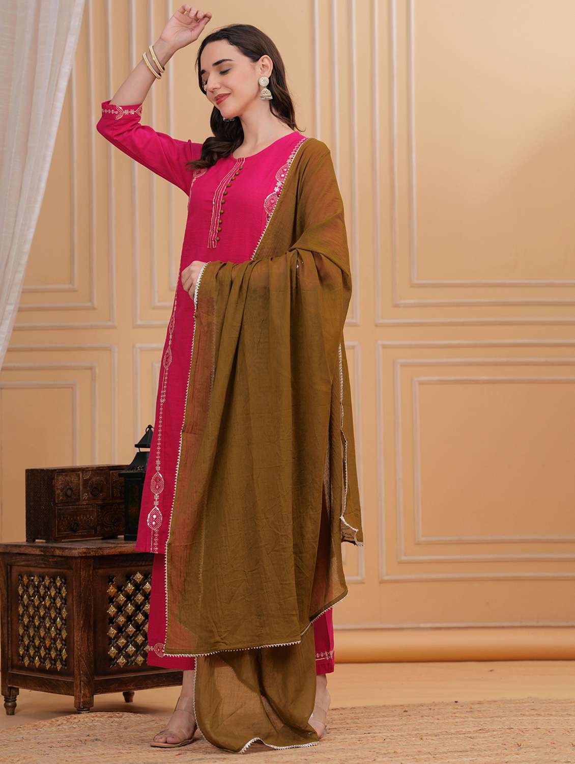 women solid with work three quarter sleeve kurta pant with dupatta set - 22295866 -  Standard Image - 3