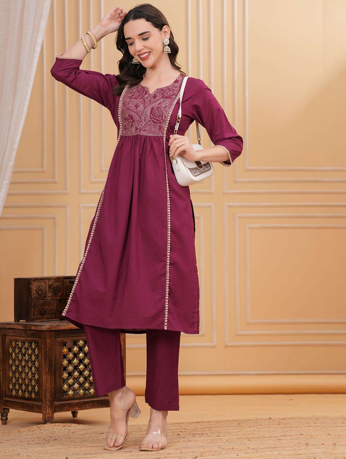 women solid with work three quarter sleeve kurta pant set