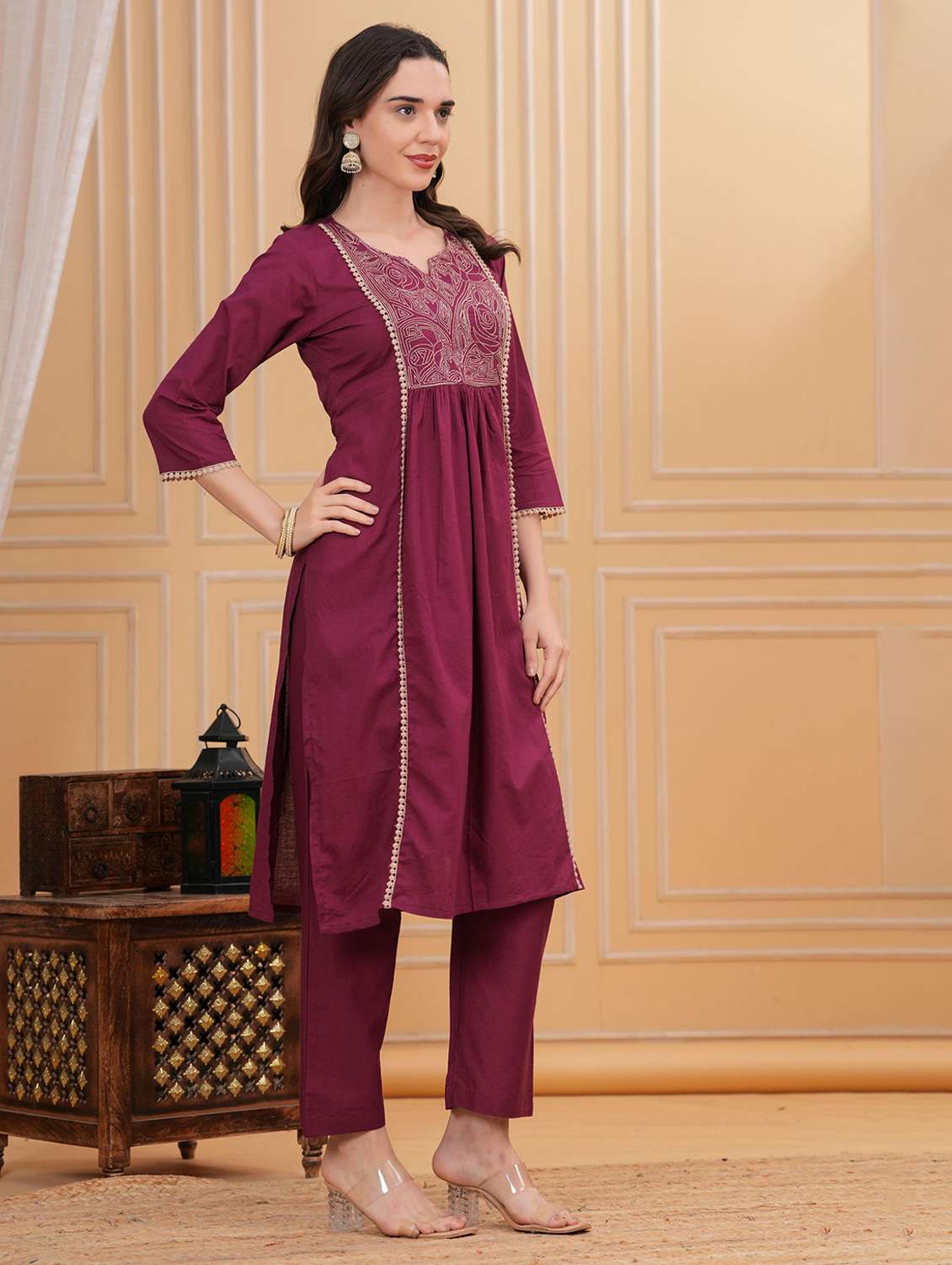women solid with work three quarter sleeve kurta pant set - 22295867 -  Standard Image - 3