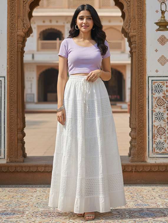 women high rise schiffli tiered skirt