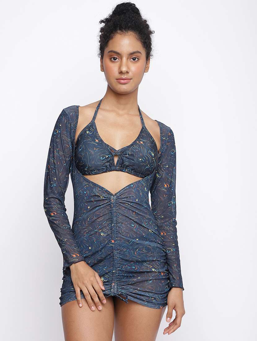 women printed bikini set with coverup dress