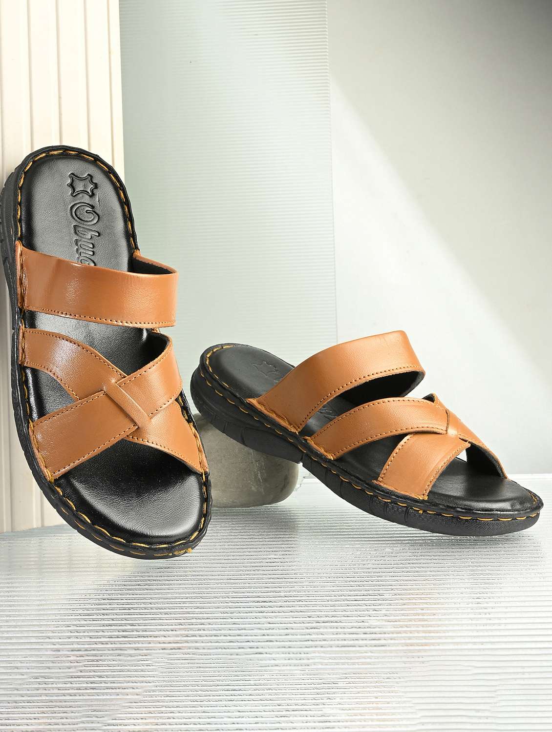 men tan slip on sandal