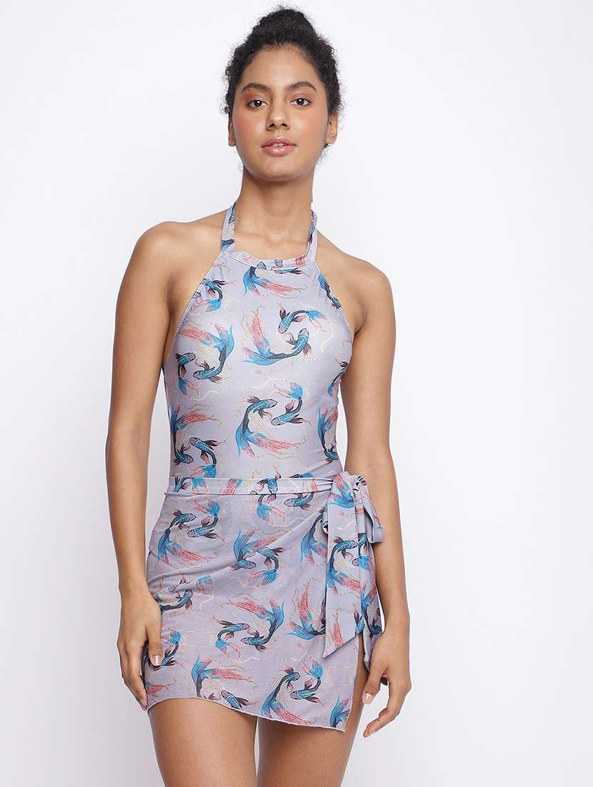 women printed halter neck monokini with sarong