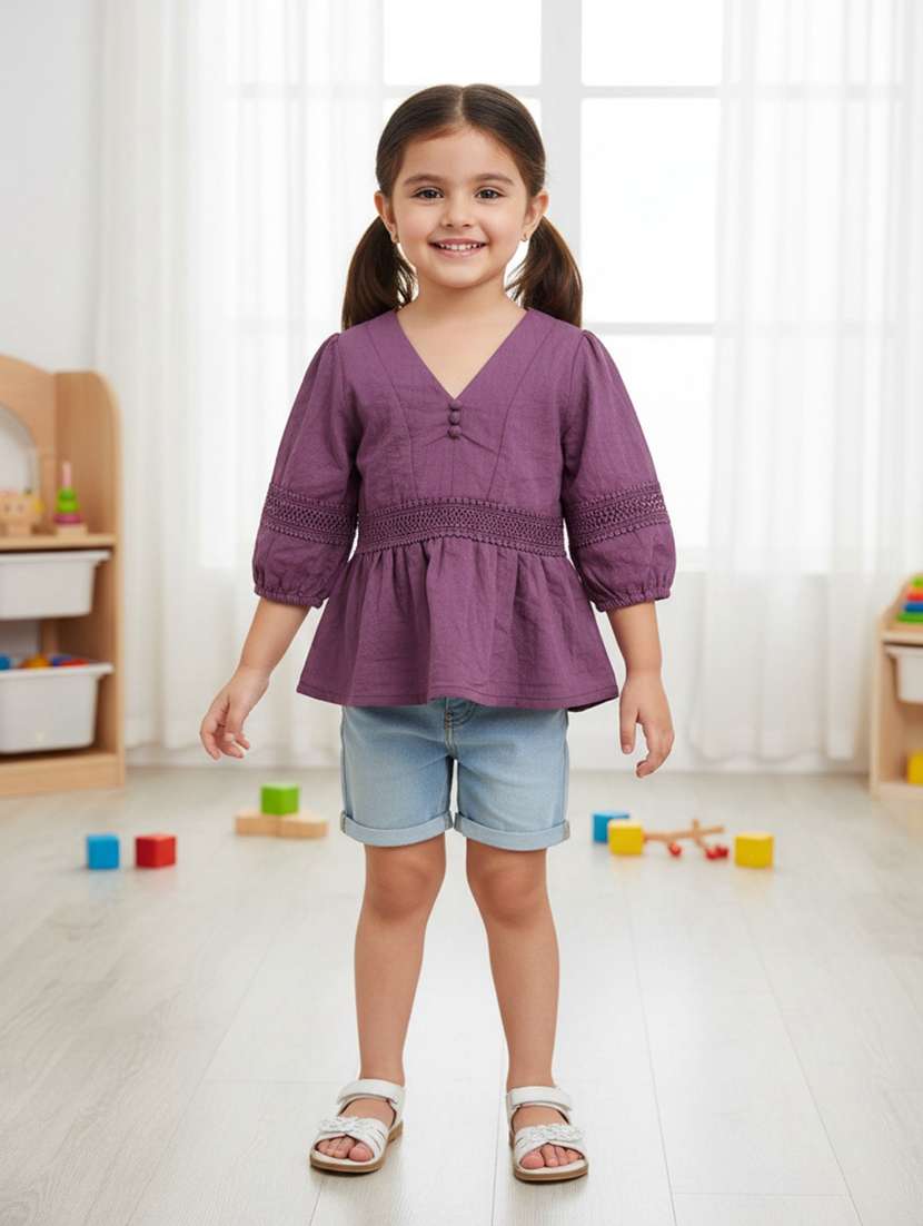 girls solid three quarter sleeve top