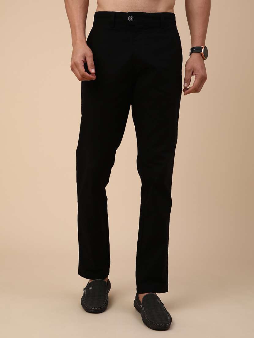 black cotton flat front casual trousers