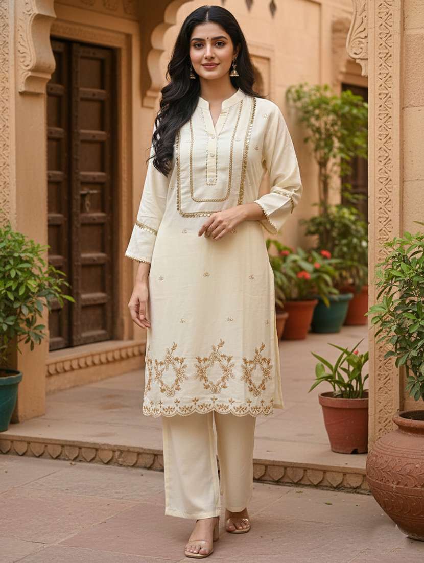 women embroidered kurta and palazzo with dupatta set