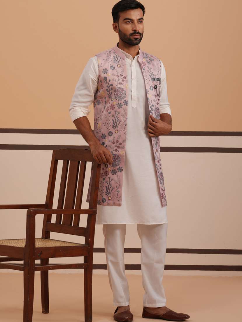 men solid with work mandarin neck kurta pyjama with jacket ethnic wear set