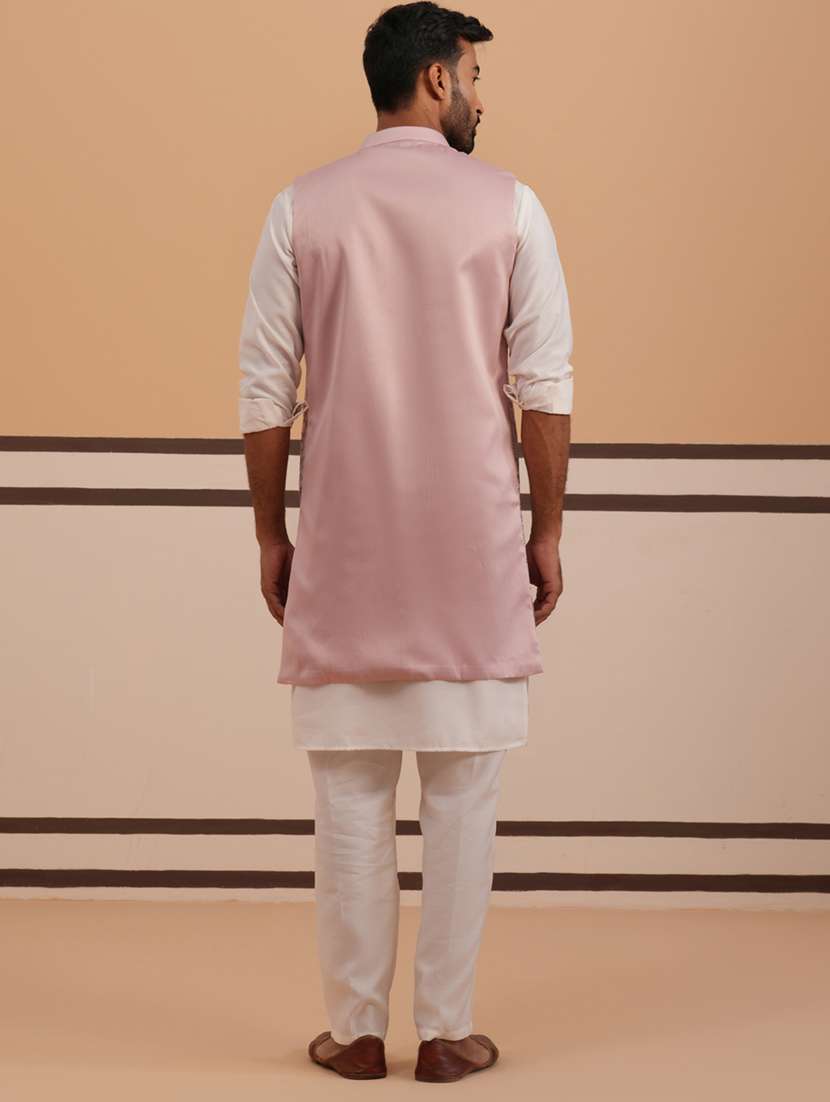 men solid with work mandarin neck kurta pyjama with jacket ethnic wear set - 22297235 -  Standard Image - 3