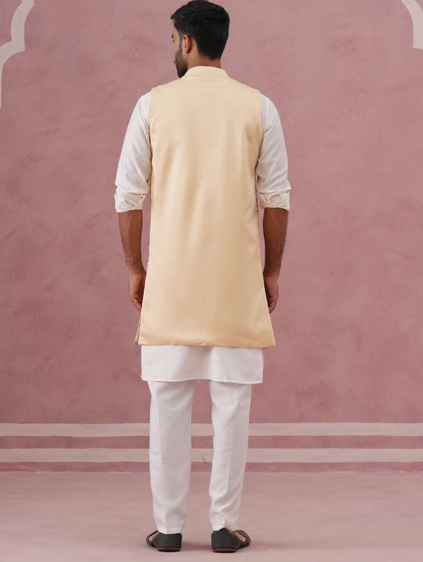 men solid with work mandarin neck kurta pyjama with jacket ethnic wear set - 22297237 -  Standard Image - 3