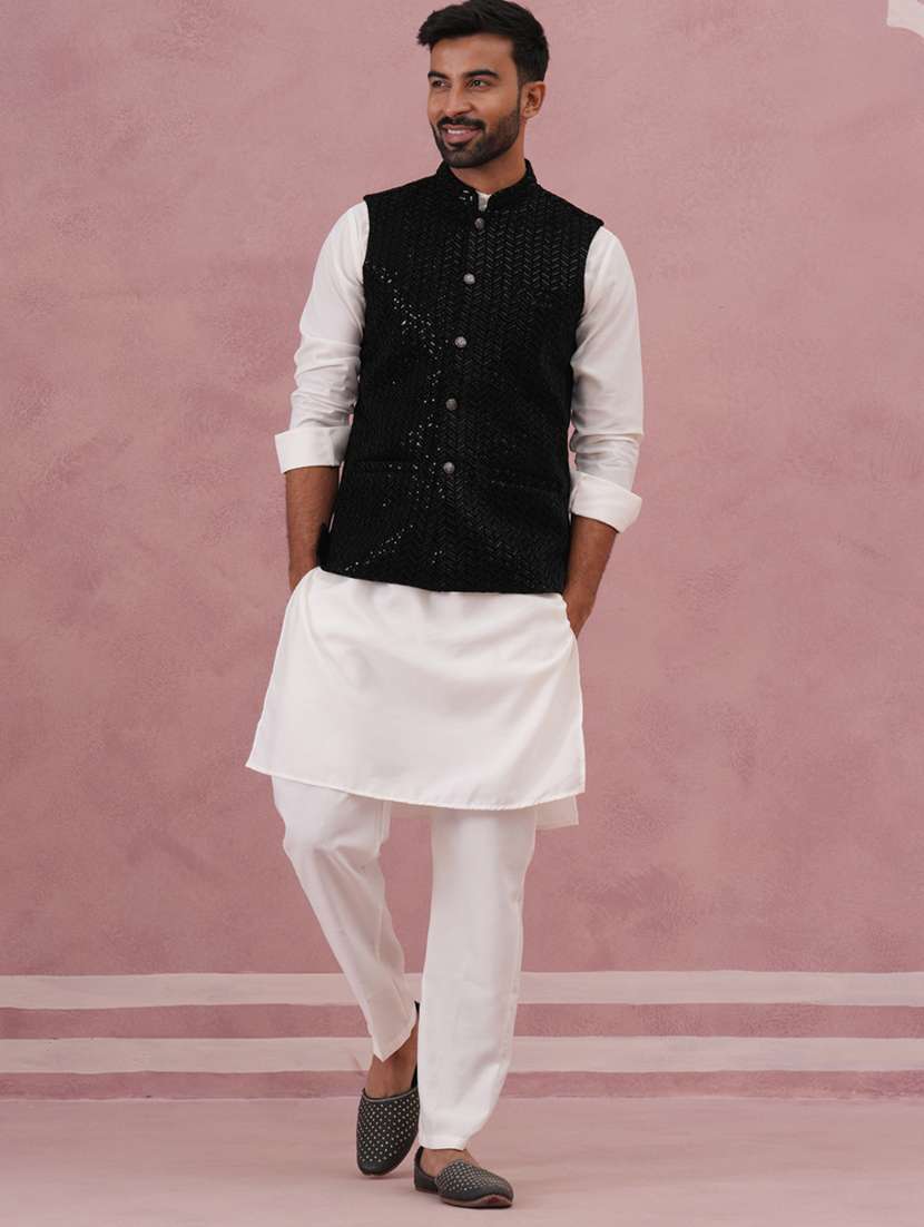 men solid with work mandarin neck kurta pyjama with jacket ethnic wear set