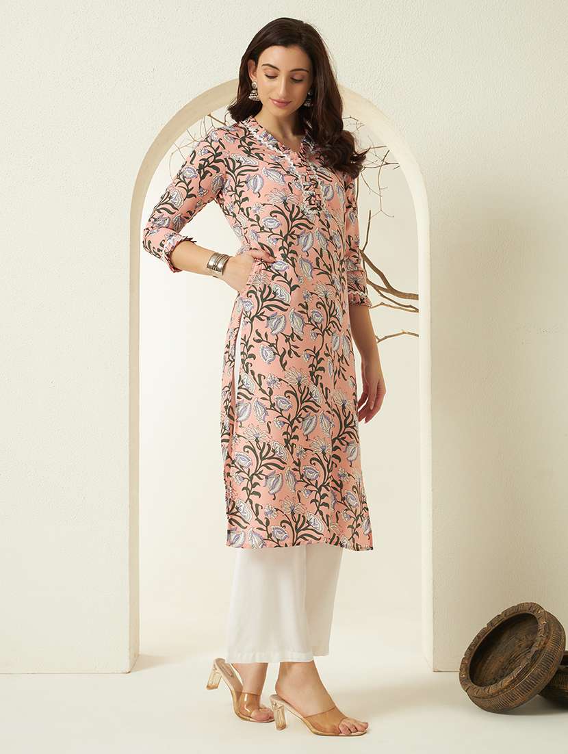 women floral three quarter sleeve kurta palazzo set - 22297396 -  Standard Image - 3