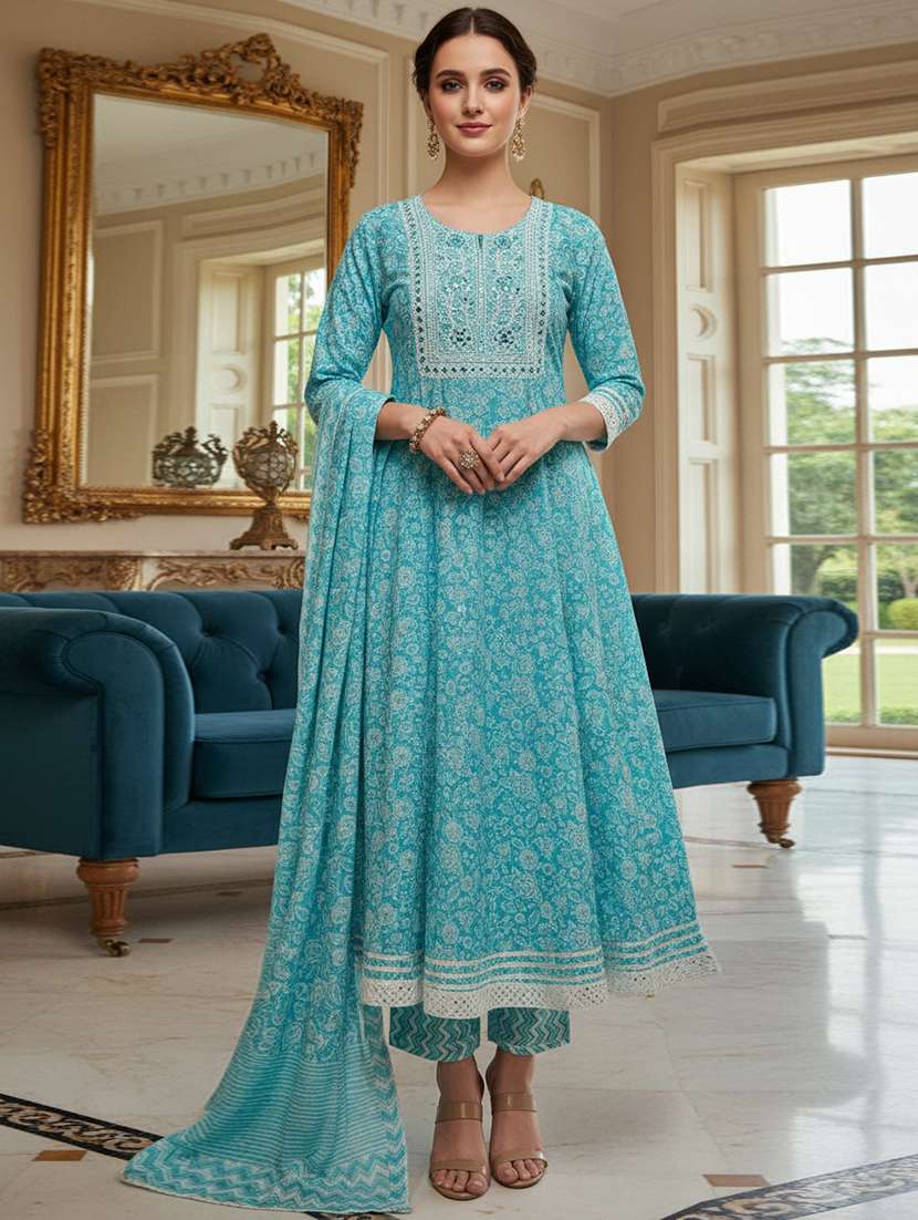 women printed three quarter sleeve kurta pant with dupatta set