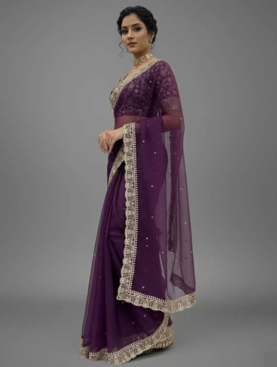 women solid with work embroidered saree with blouse - 22297421 -  Standard Image - 3