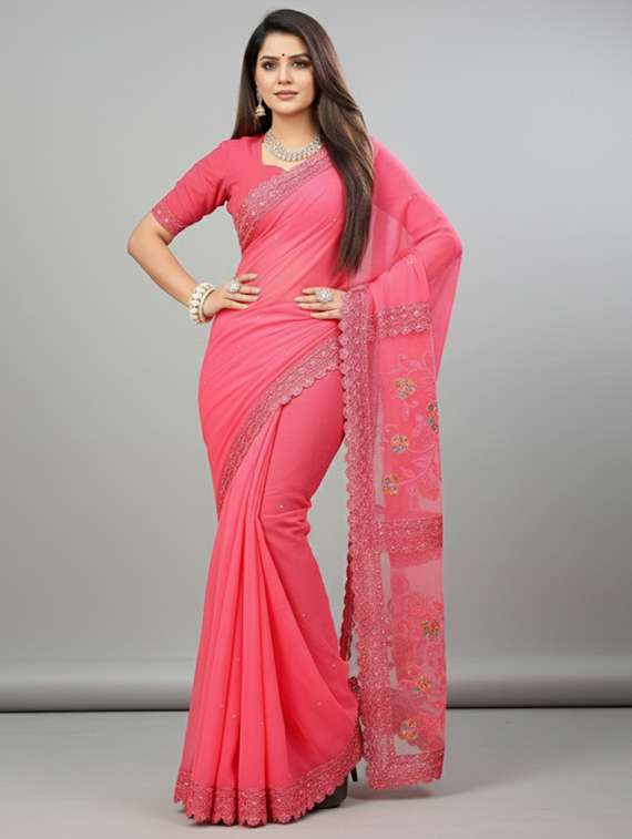 women solid with work embroidered saree with blouse